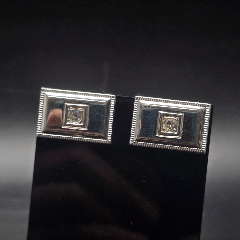 Shields Silver Tone Rectangle Rhinestone Cufflinks Cuff Links Men's Vintage